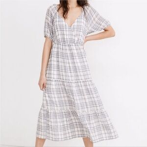 Madewell White and Blue Plaid Tiered Maxi Sundress